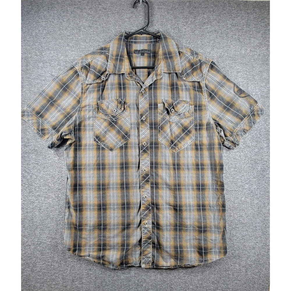 AFFLICTION BLACK PREMIUM SHORT SLEEVE PLAID BUTTON UP SHIRT L SKULL EMBROIDERED